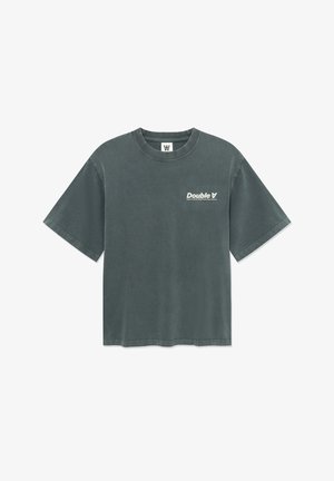 Dark gray cotton t-shirt with short sleeves, crew neck, and distressed finish. Front features "Double V" logo in white. Plain back.
