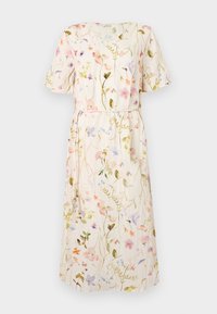 Blomstret kjole med korte ærmer, lys beige stof med flerfarvede blomster mønstre, taljebind, knælangt design.