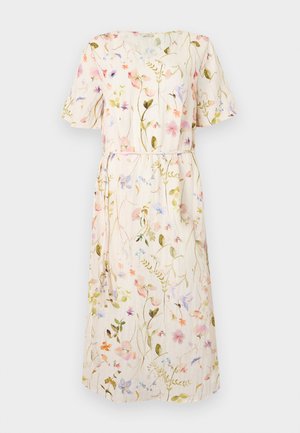 Blomsterkjole med korte ermer, lett beige stoff med flerfarget blomsterdesign, midjebånd, knelengde.