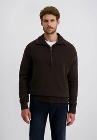Bruine fleece pullover met een hoge kraag en een halve rits aan de voorkant. Beschikt over geribbelde details op de kraag en manchetten, en heeft een relaxed fit.