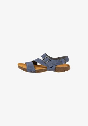 Blue leather open-toe sandal with two adjustable buckled straps and a brown cushioned sole, angled side view.