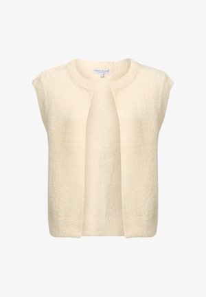 Cremfarbener ärmelloser Cardigan aus einem strukturierten, flauschigen Material. Verfügt über eine gerippte Kante und ein offenes Design.
