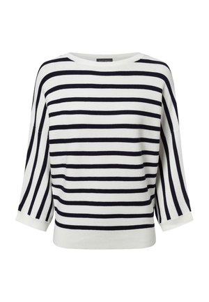 Pullover-Oberteil in Marineblau und Weiß mit breitem Ausschnitt, 3/4-Ärmeln und lockerem Schnitt. Hergestellt aus einem weichen, leichten Material.