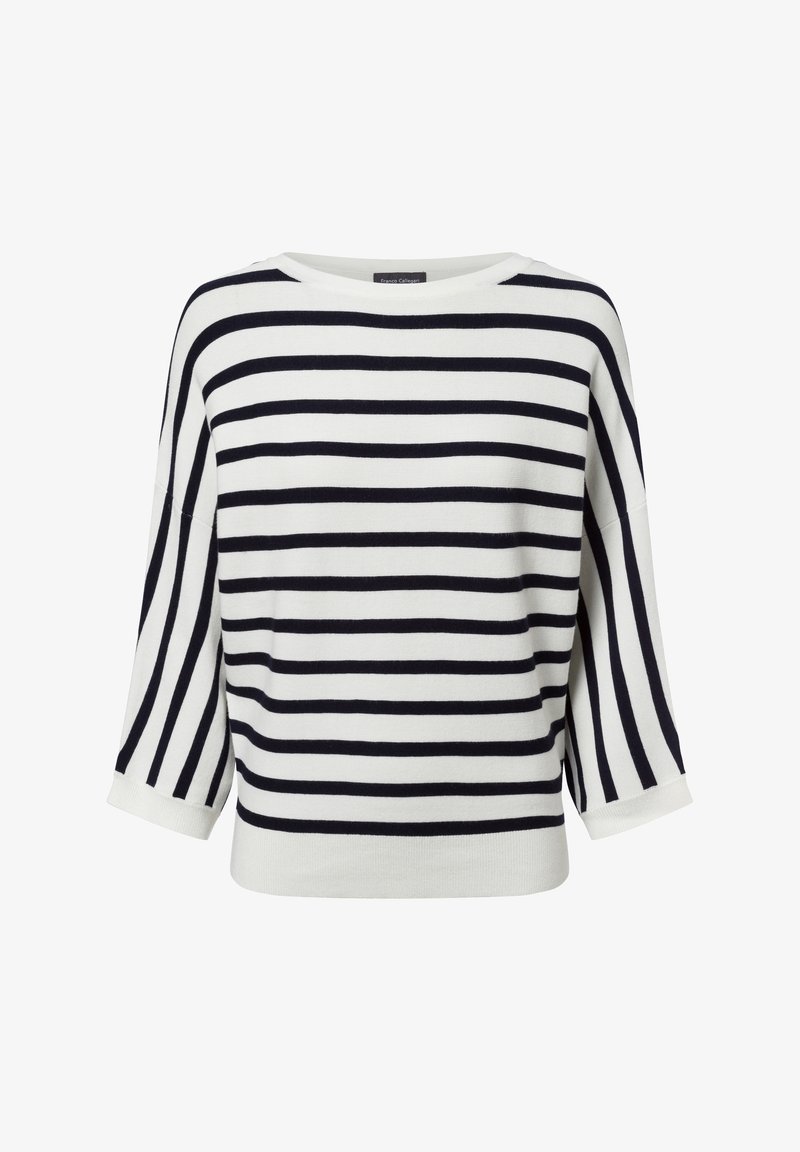 Pullover-Oberteil in Marineblau und Weiß mit breitem Ausschnitt, 3/4-Ärmeln und lockerem Schnitt. Hergestellt aus einem weichen, leichten Material.