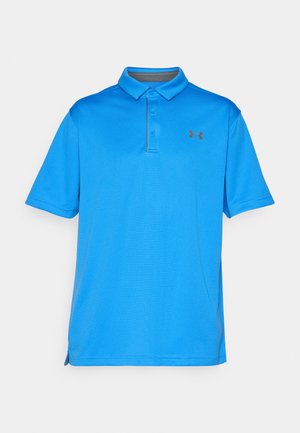 Blå polo skjorte laget av teksturert stoff, med krage, korte ermer og en subtil logo på brystet. Sideslister for enkel bevegelse.