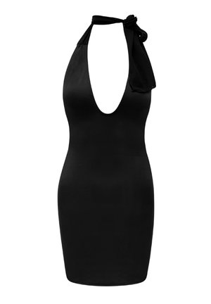 Mustat halterneck-mekko, jossa on syvä V-muotoinen pääntie ja solmittavat olkaimet. Sileä, vartalonmyötäinen materiaali, joka ulottuu polveen, ja minimalistinen muotoilu.