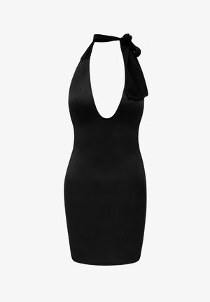Schwarzes Neckholder-Kleid mit tiefem V-Ausschnitt und Bindebändern. Glattes, enganliegendes Material mit knielangem Schnitt und minimalistischen Design.