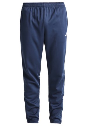 Navy blue athletic pants made of soft, lightweight material with an elastic waistband and a white logo accent on the left side.