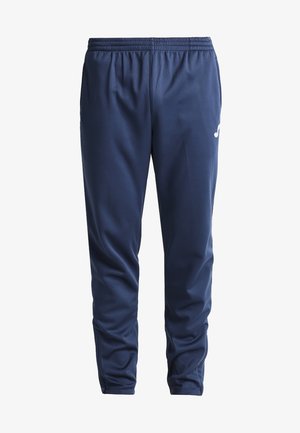 Pantalones deportivos azul marino, hechos de un material suave y ligero, con una cinturilla elástica y un acento del logo blanco en el lado izquierdo.