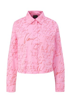 Pink long-sleeve button-up shirt with red handwritten script print and a left chest pocket.