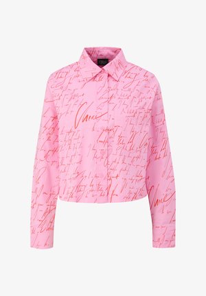 Pink long-sleeve button-up shirt with red handwritten script print and a left chest pocket.