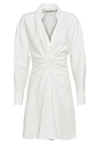 Vit långärmad klänning med djup V-ringning, draperad detalj vid midjan och en något utsvängd kjol.
