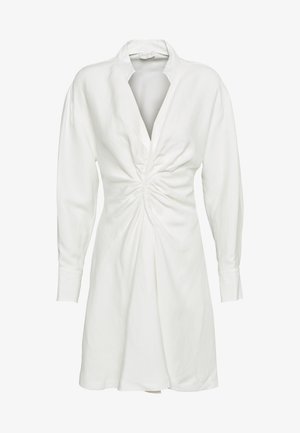 Abito bianco a maniche lunghe con scollatura a V profonda, dettaglio arricciato in vita e gonna leggermente svasata.