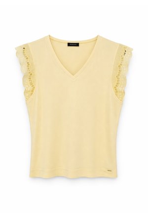 Lichtgele mouwloze top met V-hals en kant afgewerkte wapperende mouwen, effen lijfje en een klein merklabje bij de zoom.