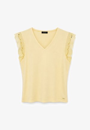 Lichtgele mouwloze top met V-hals en kant afgewerkte wapperende mouwen, effen lijfje en een klein merklabje bij de zoom.