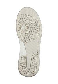 Semelle de chaussure en caoutchouc blanc cassé avec un motif de bande de roulement circulaire, surfaces texturées et un panneau latéral indiquant la taille 37, conçu pour l'adhérence.