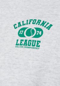 Testo verde "California League 1774" con grafica di baseball e "College Championship" su uno sfondo in tessuto grigio chiaro.