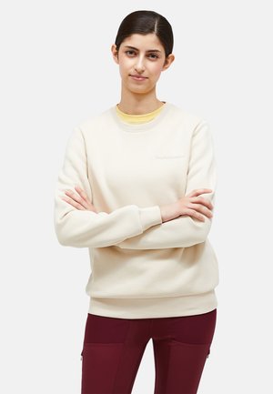 Crème-kleurige sweatshirt met ronde hals en ribbels aan de mouwen, voorzien van subtiele branding op de borst en een gladde textuur.