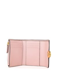 Pink leather wallet with multiple card slots, a zip pocket, and a gold circular hardware accent. Smooth texture and contrasting dark edges.