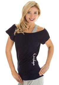 Navy off-shoulder top with short sleeves and light gray accents. Features white text detail on the side and a relaxed fit. Soft, breathable material.