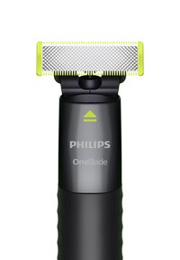 Rasoi elettrico Philips OneBlade con manico nero, dettagli verdi e testa di taglio rettangolare caratterizzata da un motivo a griglia.