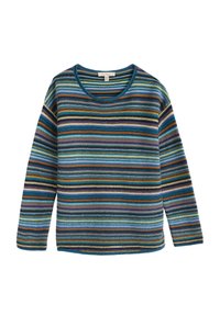 Maglione multicolore a righe con maniche lunghe e scollo rotondo. Presenta righe di larghezze variabili in blu, arancione, viola e verde.