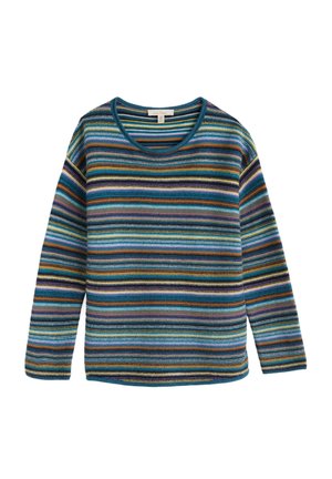 Multikleuren gestreepte trui met lange mouwen en een ronde halslijn. Kenmerkt zich door variërende breedtes van blauwe, oranje, paarse en groene strepen.