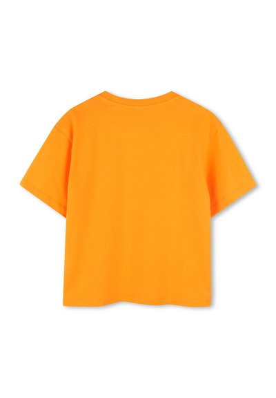 Short-sleeve, crew-neck T-shirt in bright orange cotton. Smooth texture with stitched hem, no graphics or additional details.