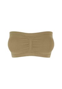 Hnedý bandeau top vyrobený z elastického materiálu, s prehnutým stredovým švom a hladkou textúrou. Bez ramienok; bezšvový dizajn pre pohodlie.