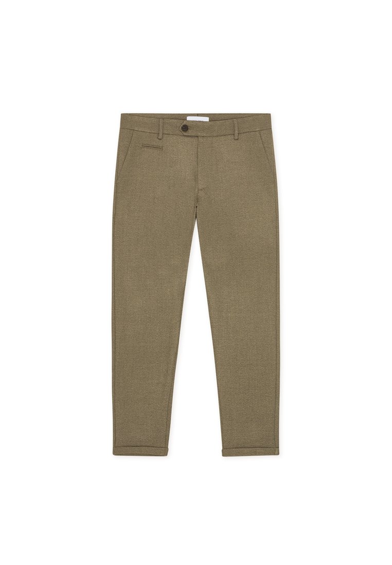 Προσαρμοσμένο παντελόνι σε ελιά πράσινο, κατασκευασμένο από υφασμένο ύφασμα. Διαθέτει κούμπωμα με κουμπί, δύο μπροστινές τσέπες και στενό κάτω μέρος στα πόδια.
