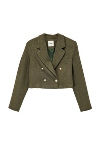 Geknipte dubbelzijdige jas in olijfgroen tweed, met zilverkleurige knopen, een gekarteld kraag en een gladde groene voering.
