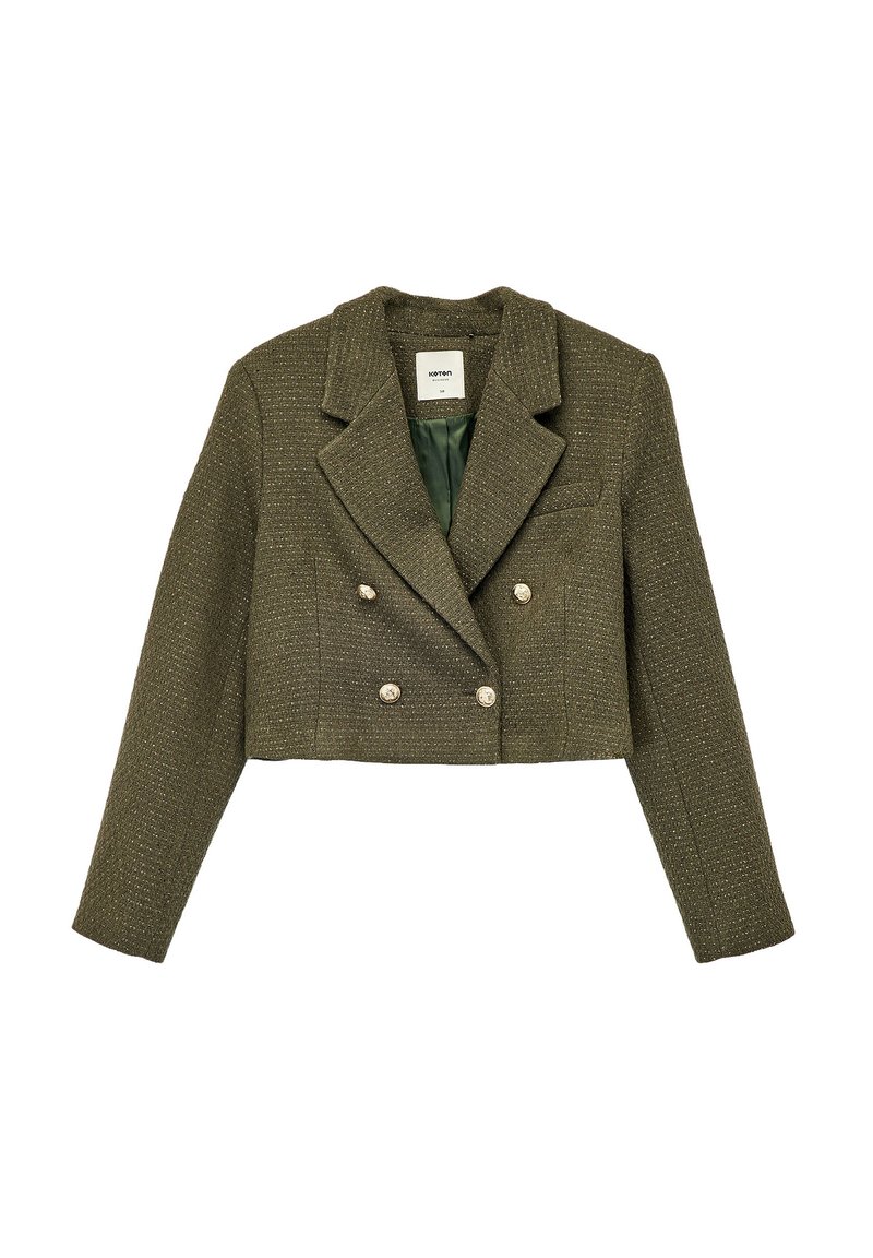Geknipte dubbelzijdige jas in olijfgroen tweed, met zilverkleurige knopen, een gekarteld kraag en een gladde groene voering.