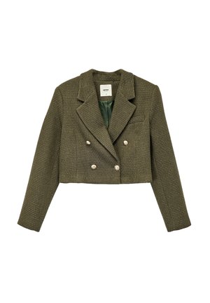 Krój zapinanej na podwójny guzik kurtki w oliwkowym tweedzie, z przyciskami w kolorze srebrnym, kołnierzem z wycięciem oraz gładką zieloną podszewką.