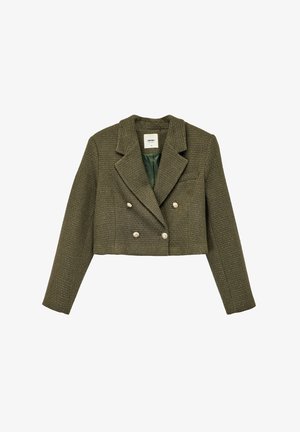 Giacca cropped doppiopetto in tweed verde oliva, con bottoni in tonalità argento, colletto a punta e una fodera verde liscia.