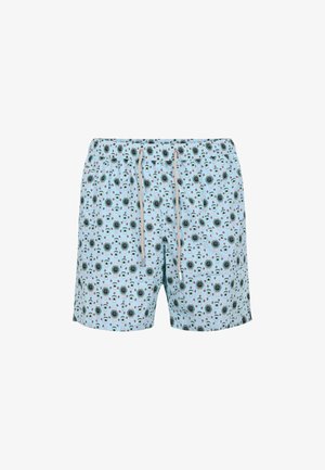 Costumi da bagno azzurri chiari con motivo floreale, caratterizzati da dettagli neri e verdi. Vita elasticizzata con cordino, realizzati in materiale a asciugatura rapida.