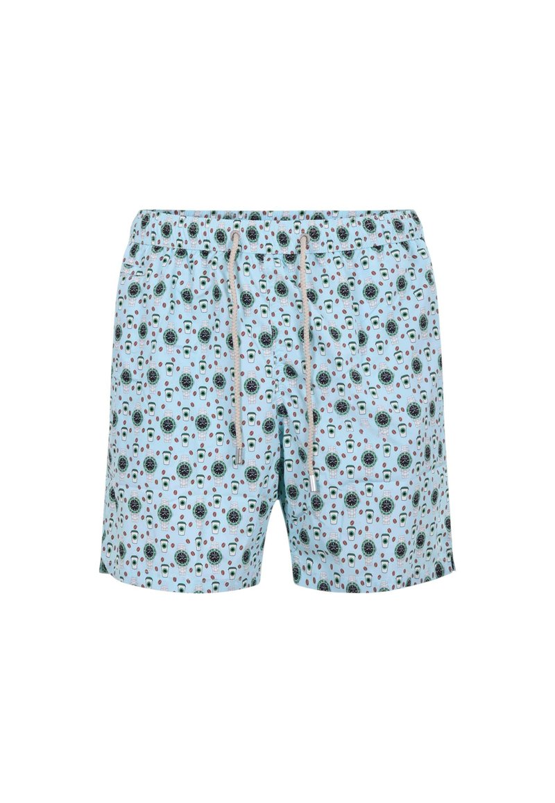 Costumi da bagno azzurri chiari con motivo floreale, caratterizzati da dettagli neri e verdi. Vita elasticizzata con cordino, realizzati in materiale a asciugatura rapida.