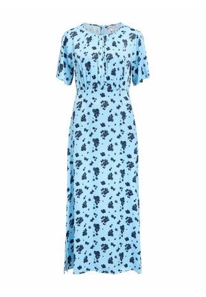 Vestito midi azzurro chiaro con maniche corte, scollo tondo, spacco laterale e stampa floreale scura dispersa.