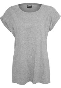 T-shirt grigio realizzato in morbido tessuto, con scollatura rotonda, maniche corte arrotolate e vestibilità rilassata. Design minimalista senza motivi.