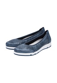 Navy blue perforated flats with a rounded toe, rubber sole, and white accents. Upper features a textured leather finish.