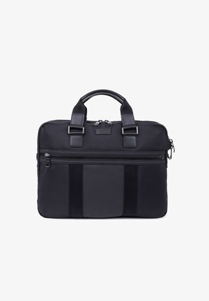 Zwarte laptoptas van gestructureerde nylon stof, leren accenten, dubbele handgrepen en een ritsvak aan de voorkant. Compact rechthoekig ontwerp.