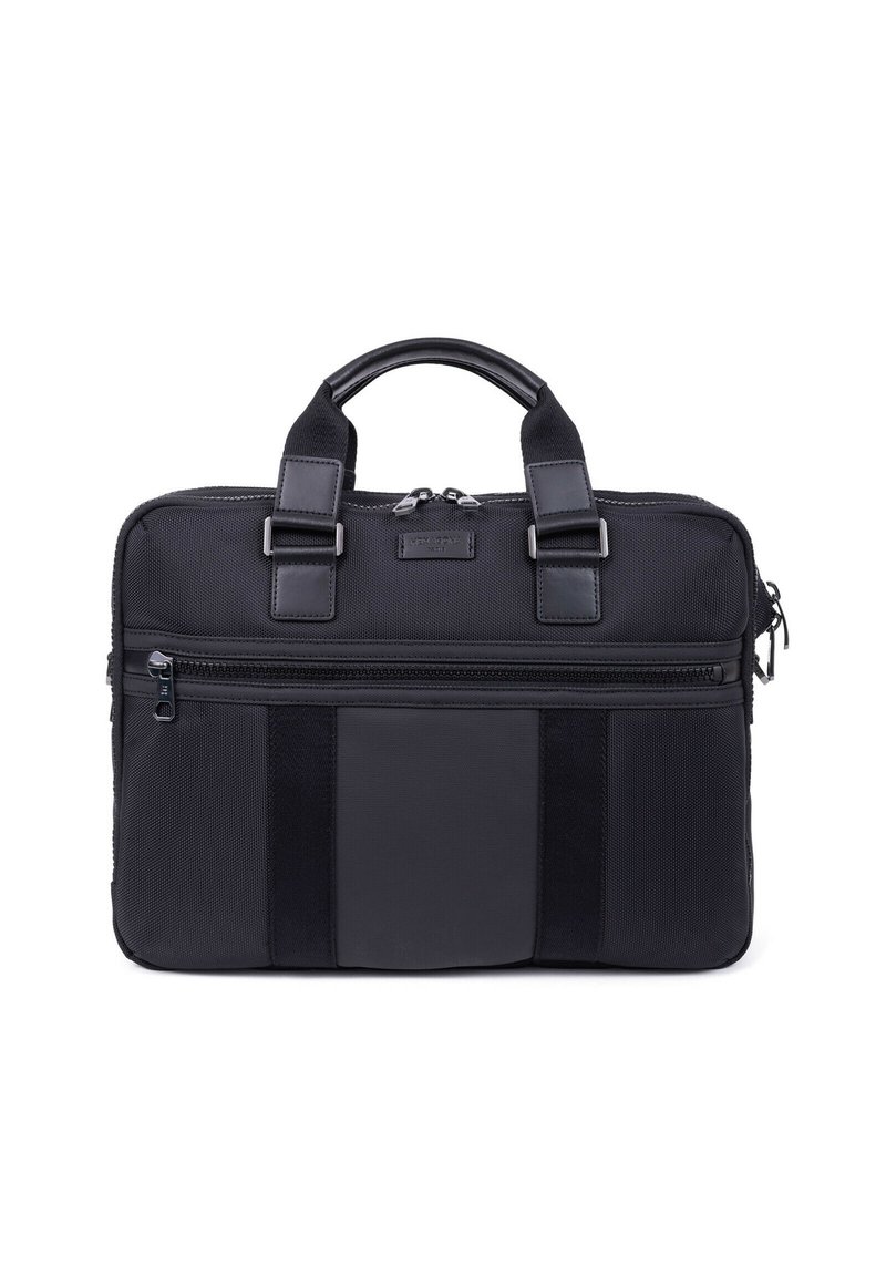 Borsa per laptop nera in tessuto nylon testurizzato, con dettagli in pelle, doppi manici e una tasca frontale con zip. Design compatto e rettangolare.