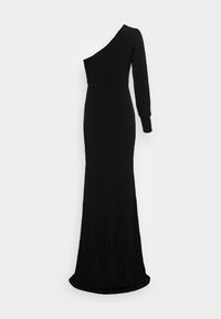 Vestido preto de manga longa com design de um ombro, silhueta ajustada, feito de material suave, apresentando uma parte inferior fluida.