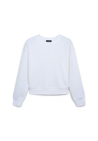 Felpa cropped bianca a maniche lunghe con collo a giro, polsini a costine, esposta su uno sfondo bianco semplice.