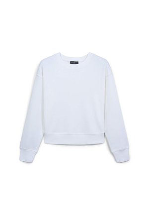 Felpa cropped bianca a maniche lunghe con collo a giro, polsini a costine, esposta su uno sfondo bianco semplice.