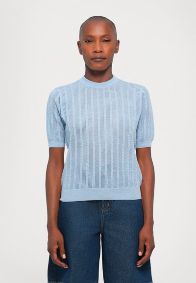 Light blue knitted short-sleeve top features vertical stripes, ribbed collar and cuffs, with a relaxed fit and open weave texture.