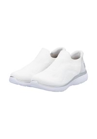 Scarpe slip-on bianche realizzate in materiale a maglia testurizzato, con suola in gomma liscia e sottili accenti argentati lungo la parte centrale della suola.