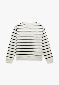 Biała bluza crewneck z czarnymi poziomymi paskami, z prążkowanymi mankietami i hemem. Miękka tkanina o luźnym kroju.