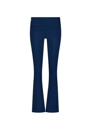Marineblaue, ausgestellt geschnittene Leggings mit hoher Taille und glatter Textur. Mit einem dezenten Logo am Bund für zusätzliche Details.