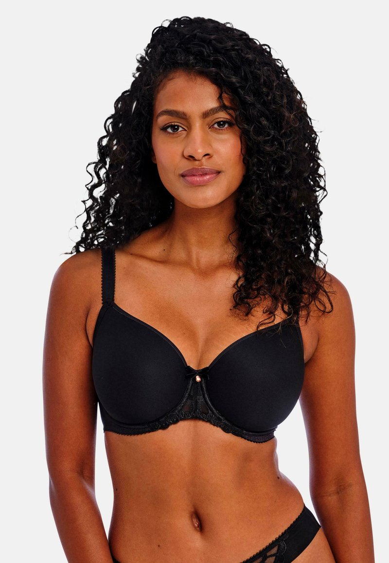 Soutien-gorge rembourré noir avec des détails en dentelle au centre, des bretelles réglables et un petit nœud décoratif avec un accent en gemme.