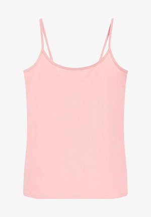 Vaate vaaleanpunainen tanktoppi, jossa on ohuet hihnat, valmistettu pehmeästä puuvillakankaasta. Ominaisuuksina yksinkertainen, kapea muotoilu ja pyöreä pääntie.
